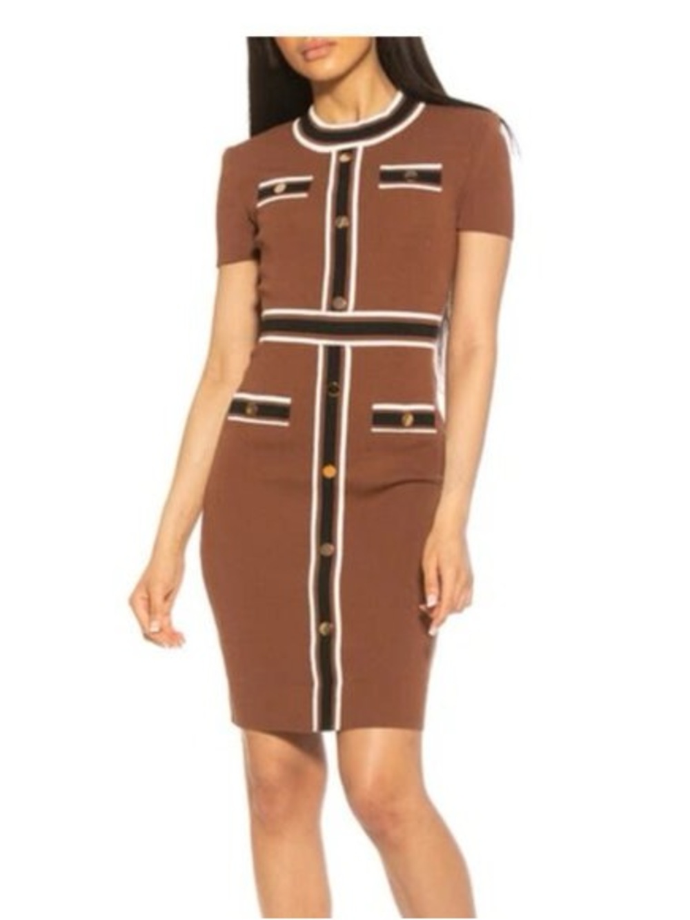 Alexia Admor Brown Knit Midi Dress with Black & White Trim